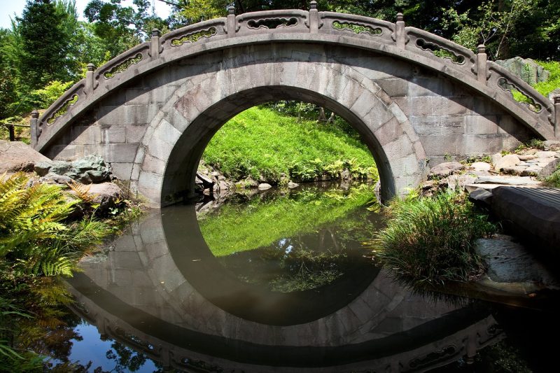 bridge over water in an oriental garden